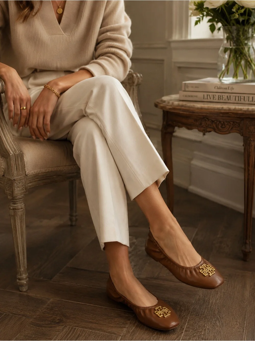 TORY BURCH Britten Flats in Moose Cognac Brown Leather | Size 9.5